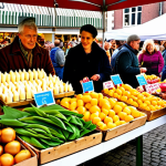 A vibrant farmers market in the Netherlands, showcasing a variety of fresh, locally sourced produce like Gouda cheese, tulips, and herring. Capture the bustling atmosphere with shoppers interacting with farmers.